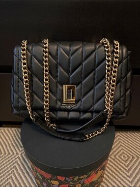 Karl Lagerfeld Black Quilted Shoulder Bag with Gold Chain